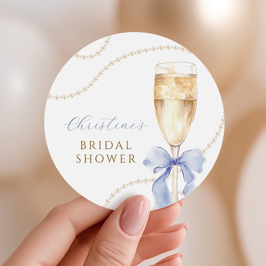 Pearls and Prosecco Blue Bridal Shower Stickers ラウンドシール