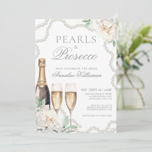Pearls And Prosecco Bridal Shower 招待状 (スタンド正面)