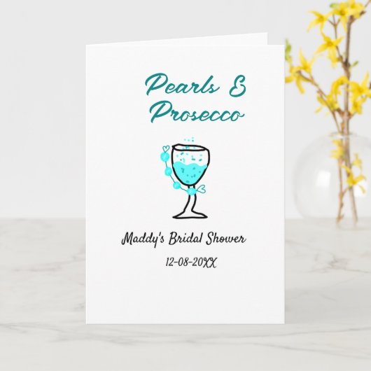 Pearls and prosecco bridal shower blue black name カード (黄色い花)