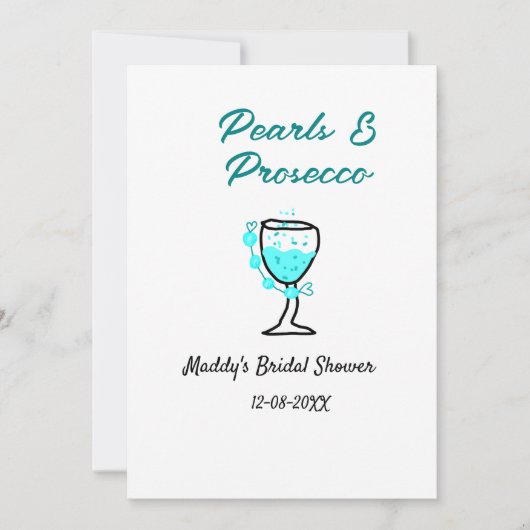 Pearls and prosecco bridal shower blue black name 招待状 (正面)