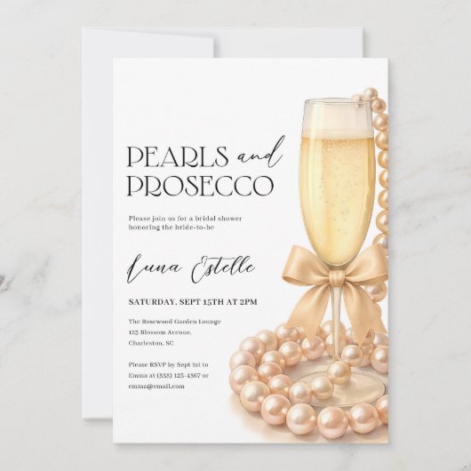 Pearls and Prosecco Elegant Bow Bridal Shower 招待状 (正面)