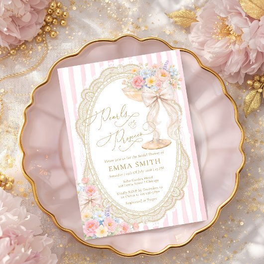 Pearls and Prosecco Floral Garden Bridal Shower 招待状