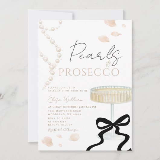 Pearls and Prosecco Ivory Bow  Bridal Shower  招待状 (正面)