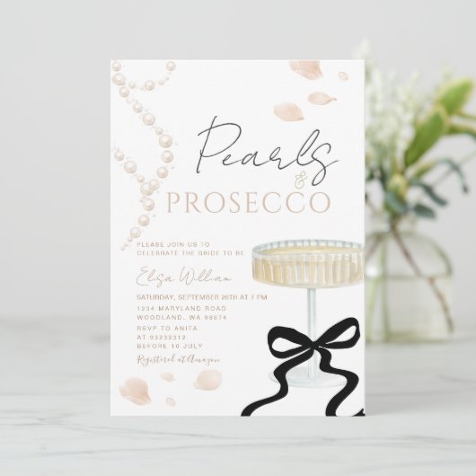 Pearls and Prosecco Ivory Bow  Bridal Shower  招待状 (スタンド正面)