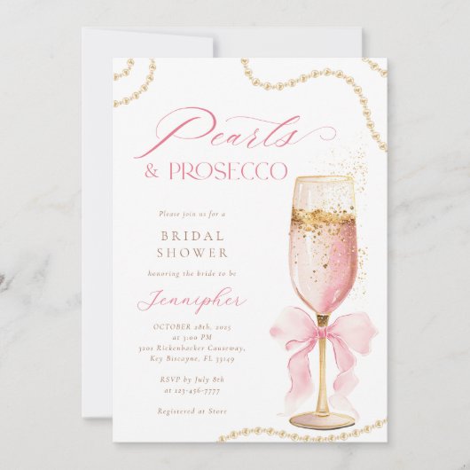 Pearls and Prosecco Pink Bow Bridal Shower  招待状 (正面)