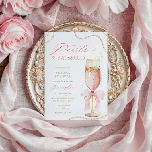 Pearls and Prosecco Pink Bow Bridal Shower 招待状