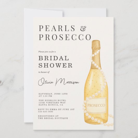Pearls and Prosecco QR Code Bridal Shower 招待状 (正面)