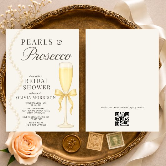 Pearls and Prosecco QR Code Bridal Shower 招待状