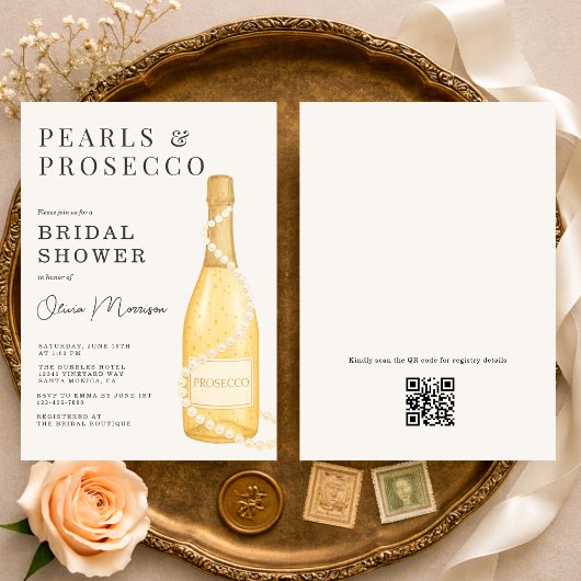 Pearls and Prosecco QR Code Bridal Shower 招待状