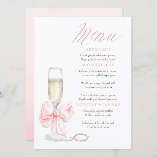 Pearls and Prosecco Whimsical Chic Menu Cards メニュー (正面/裏面)