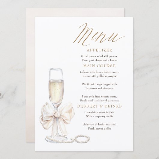 Pearls and Prosecco Whimsical Chic Menu Cards メニュー (正面/裏面)