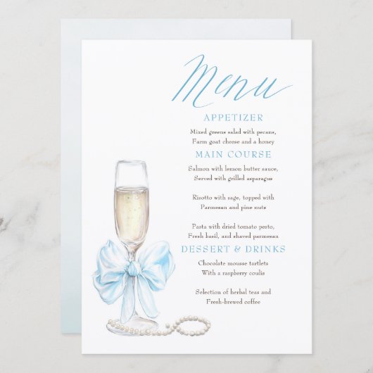 Pearls and Prosecco Whimsical Chic Menu Cards メニュー (正面/裏面)