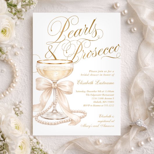 Pearls and Prosecco White Bow Bridal Shower 招待状