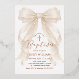 Pearls Bow Girl Baptism Christening 箔招待状