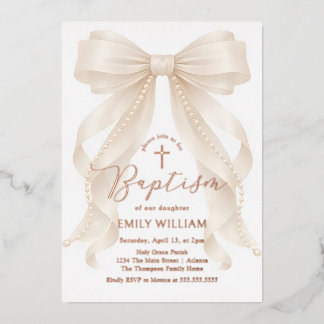 Pearls Bow Girl Baptism Christening 箔招待状