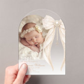 Pearls Bow Ivory elegant Arch Photo Baptism アクリル招待状 (インサイチュ (ポータブル))