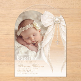 Pearls Bow Ivory elegant Arch Photo Baptism アクリル招待状