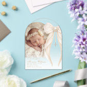 Pearls Bow Ivory elegant Arch Photo Baptism アクリル招待状 (インサイチュ (ウェディング))