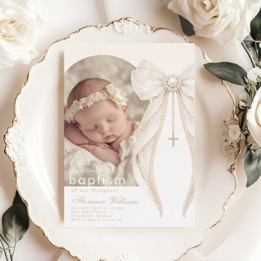 Pearls Bow Ivory elegant Arch Photo Baptism 招待状