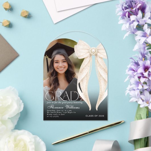 Pearls  Bow ivory Graduation party Arch Photo アクリル招待状 (インサイチュ (ウェディング))