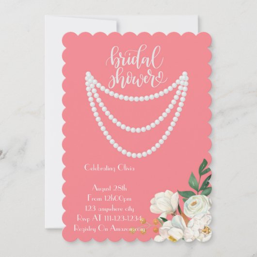 pearls bridal shower invitation in pink セーブザデート (正面)