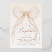 Pearls Gold Bow Girl Baptism Christening 箔招待状 (正面)