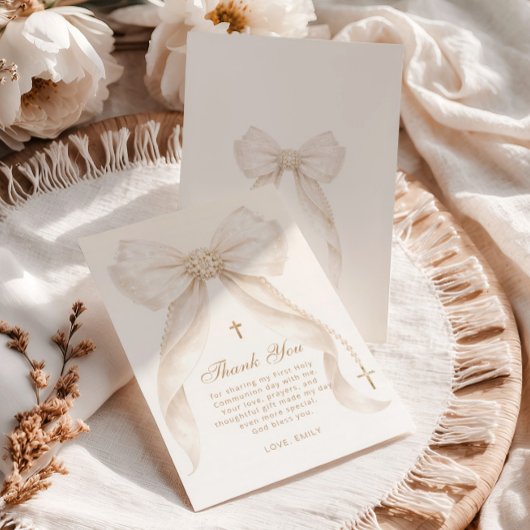 Pearls Gold Bow Girl Baptism Religious サンキューカード