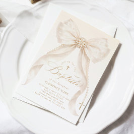 Pearls Gold Bow Girl Baptism Religious 招待状