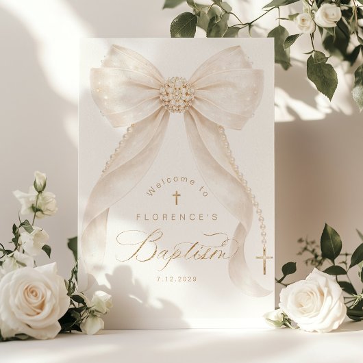 Pearls Gold Bow Girl Baptism Welcome ポスター