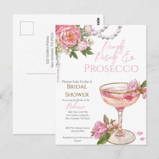 Pearls, Petals & Prosecco Bridal Shower Invitation ポストカード (正面/裏面)