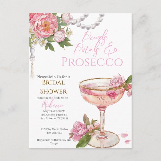 Pearls, Petals & Prosecco Bridal Shower Invitation ポストカード (正面)