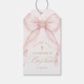 Pearls Pink Bow Baptism Thank you ギフトタグ (正面)