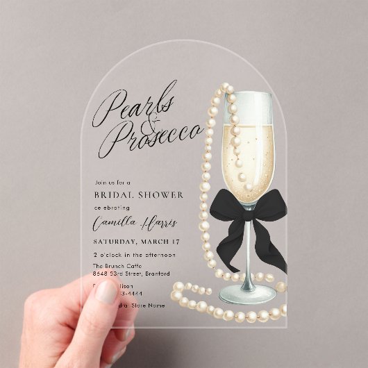 Pearls & Prosecco Black Bow Bridal Shower アクリル招待状 (インサイチュ (ポータブル))