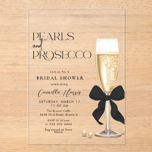 Pearls & Prosecco Black Bow Bridal Shower アクリル招待状 (正面)