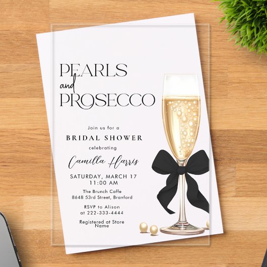 Pearls & Prosecco Black Bow Bridal Shower アクリル招待状