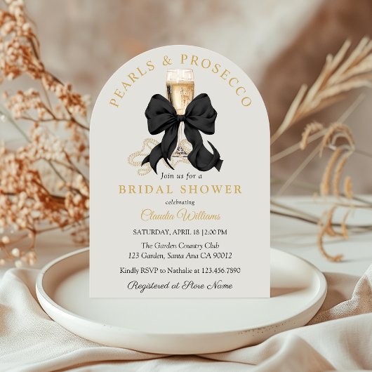 Pearls Prosecco Black Bow Bridal Shower Invitation 招待状