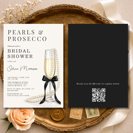 Pearls & Prosecco Black Bow QR Code Bridal Shower 招待状