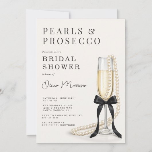 Pearls & Prosecco Black Bow QR Code Bridal Shower 招待状 (正面)