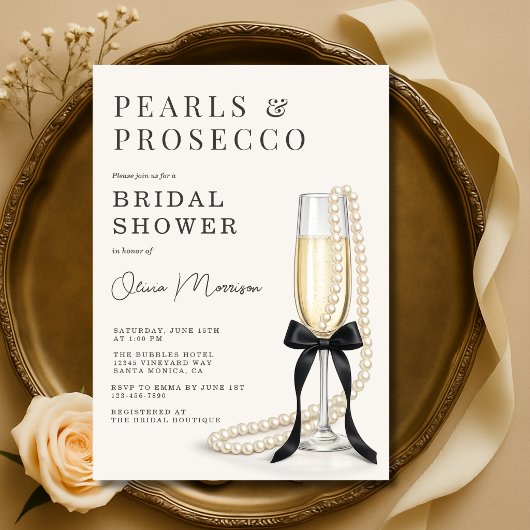 Pearls & Prosecco Black Coquette Bow Bridal Shower 招待状