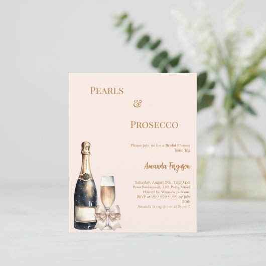 Pearls Prosecco blush bow Bridal Shower invitation (スタンド正面)