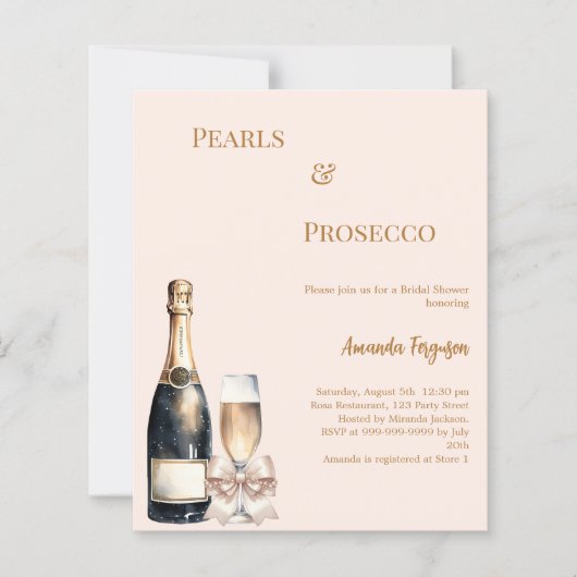 Pearls Prosecco blush bow Bridal Shower invitation (正面)
