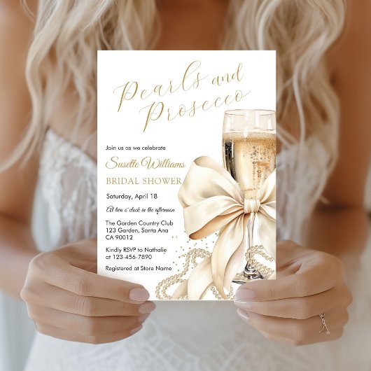 Pearls & Prosecco Bow Bridal Shower Invitation 招待状