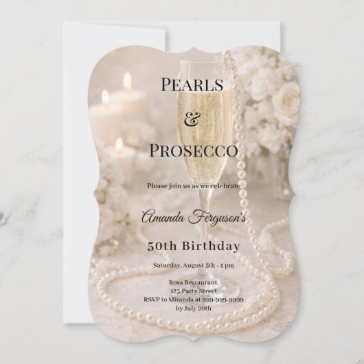 Pearls Prosecco Champagne elegant birthday  招待状 (正面)