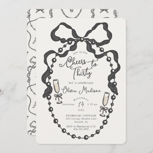 Pearls & Prosecco Coquette Bow Bridal Shower Invit (正面/裏面)