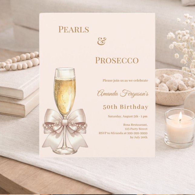 Pearls Prosecco ivory bow birthday invitation (クリエイターアップロード済み)