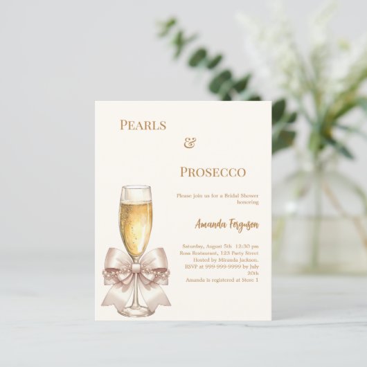 Pearls Prosecco ivory bow Bridal Shower invitation (スタンド正面)