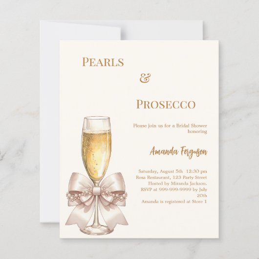 Pearls Prosecco ivory bow Bridal Shower invitation (正面)