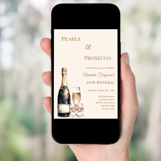 Pearls Prosecco ivory bow elegant birthday  招待状
