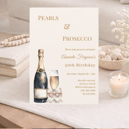 Pearls Prosecco ivory bow elegant birthday  招待状