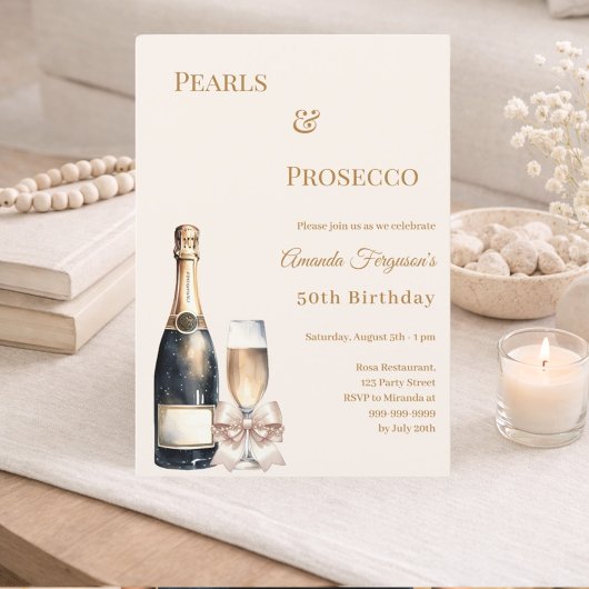 Pearls Prosecco ivory bow elegant birthday  招待状